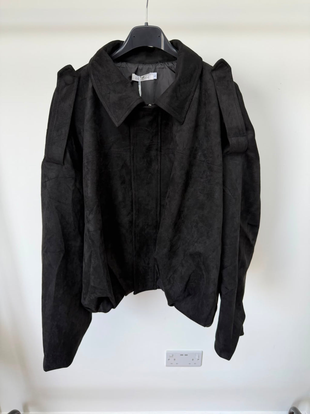 Oversized Suede Bomber Jacket in Black - front