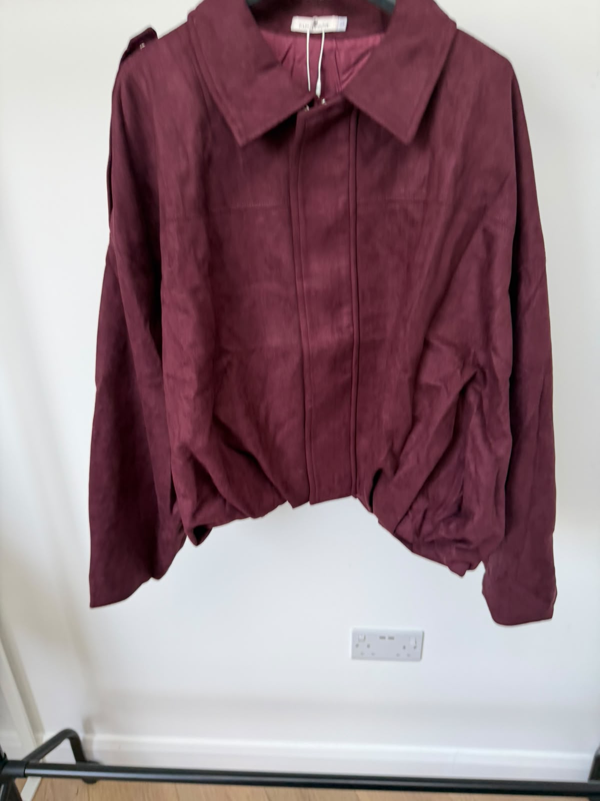 Oversized Suede Bomber Jacket in Burgundy - front