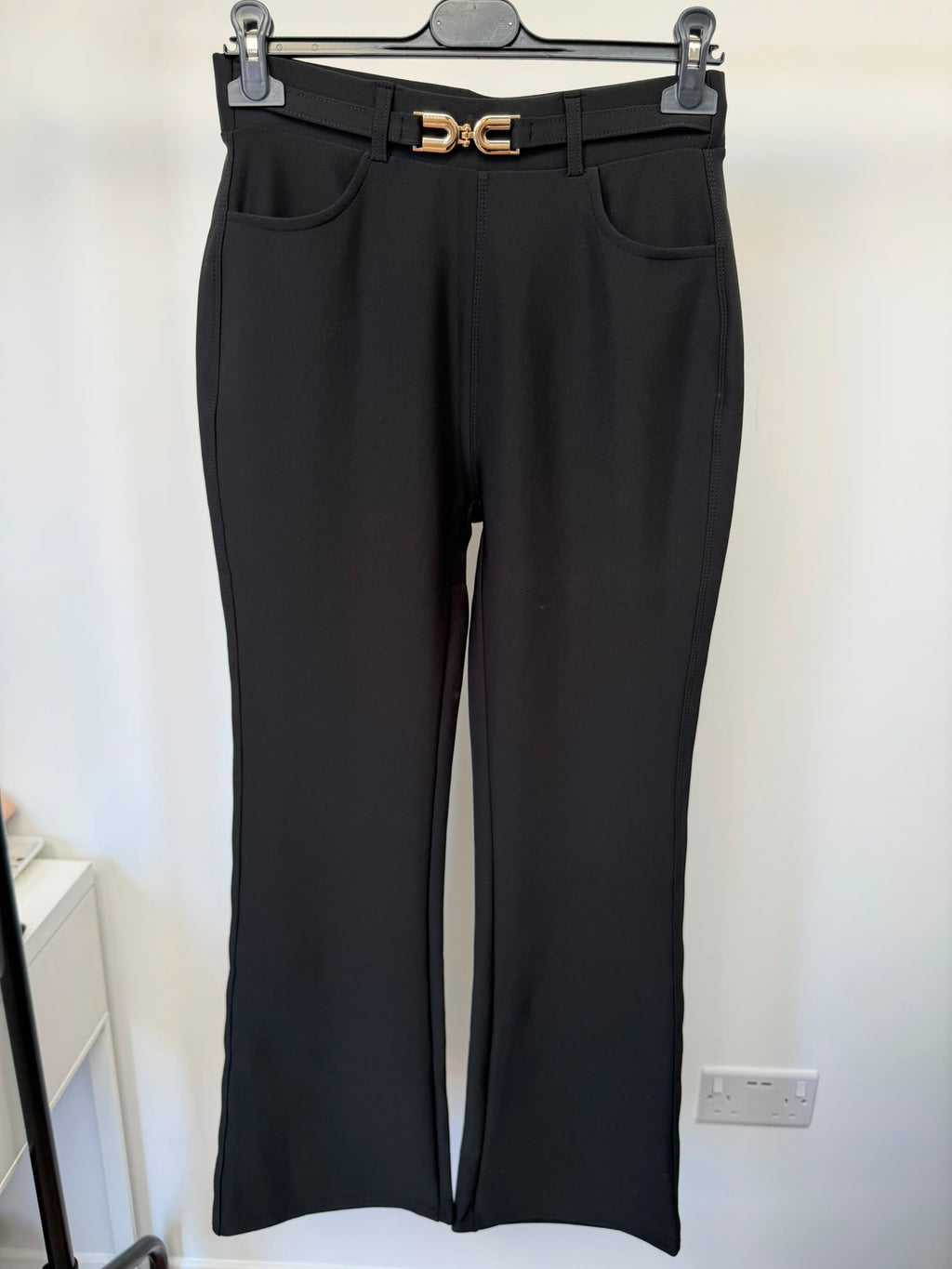 Gold-Buckle Scuba Trousers in Black - front