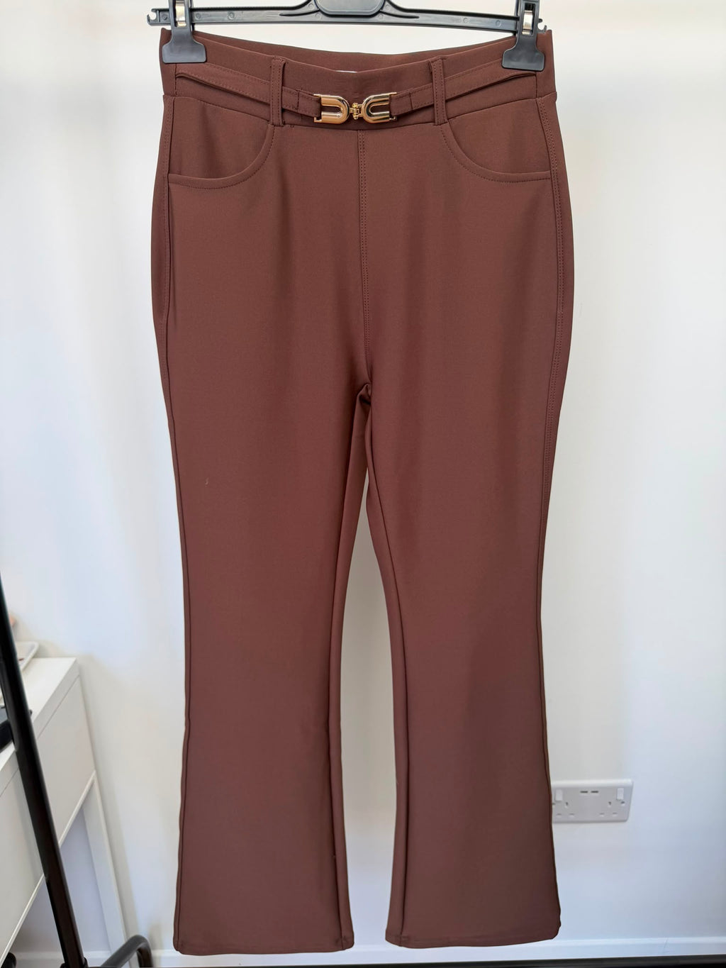 Gold-Buckle Scuba Trousers in Brown - front