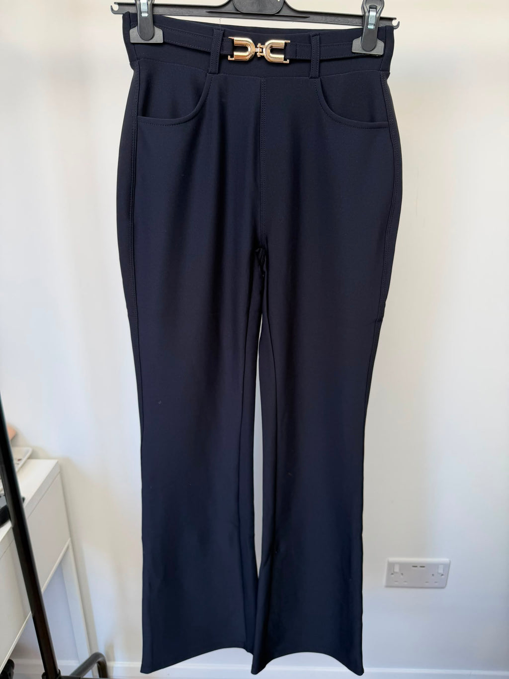 Gold-Buckle Scuba Trousers in Navy - front