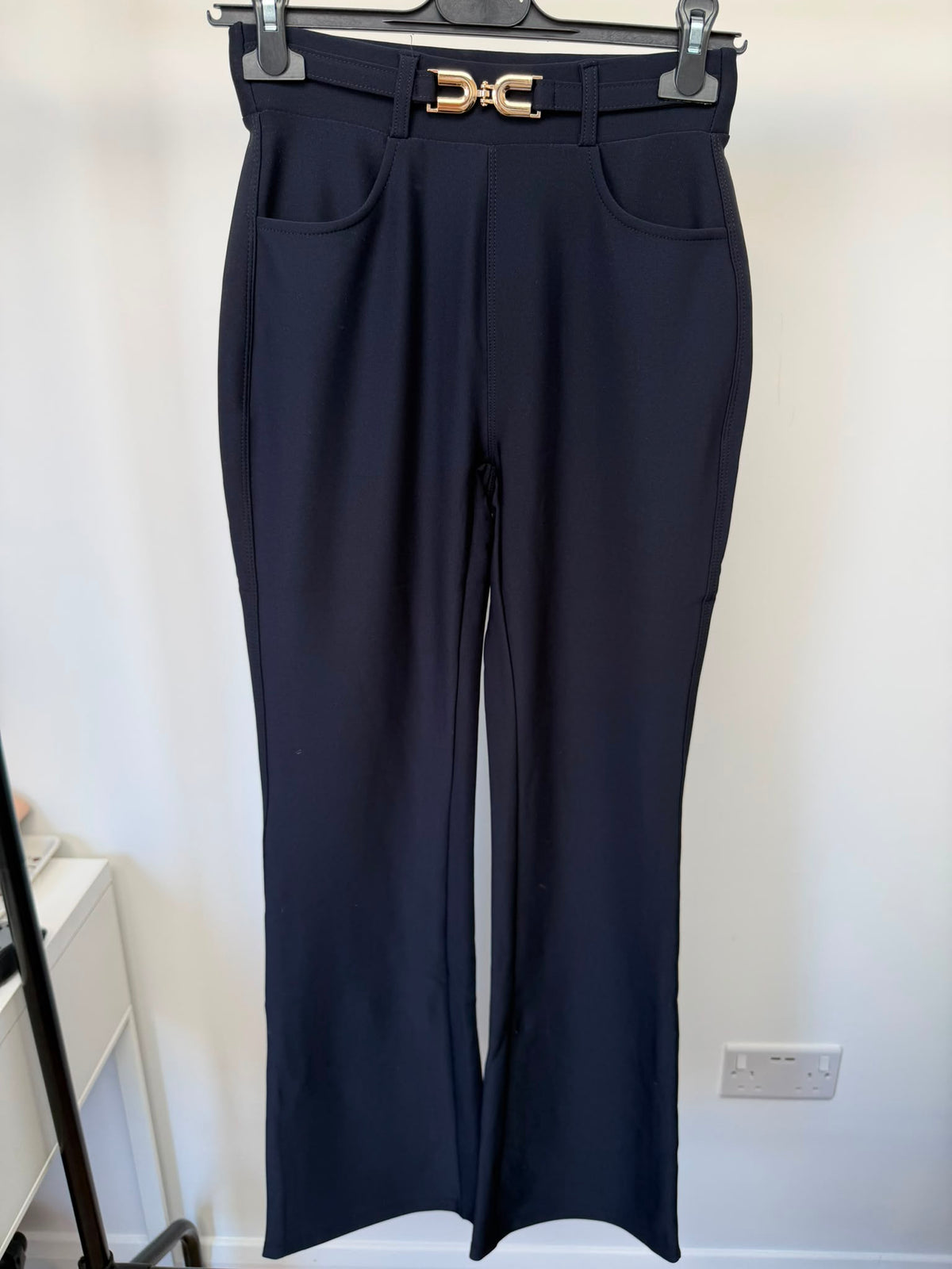Gold-Buckle Scuba Trousers in Navy - front