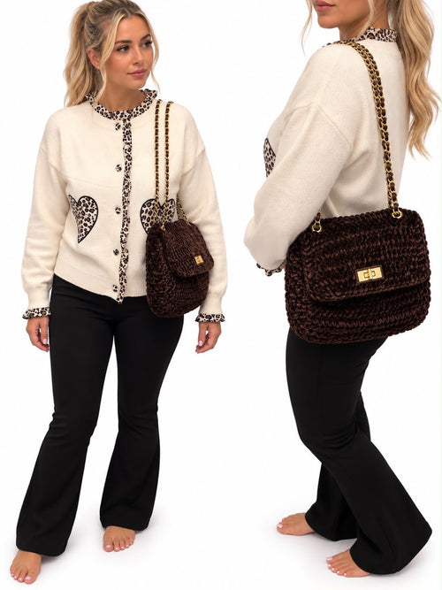 Cream Leopard-Trim Heart-Pocket Cardigan styled as a Style Secrets Limited Look